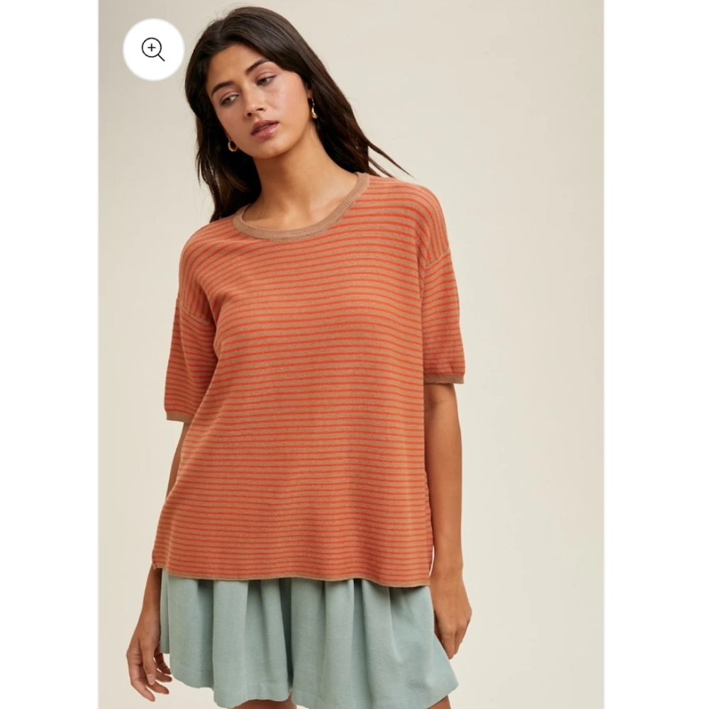 Wishlist 100% Tencel Orange Brown Striped Short Sleeve Strechy Top Boutique M